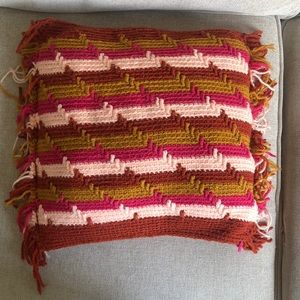 1970s Vintage Crochet Knit Yarn Fringe Pillow
